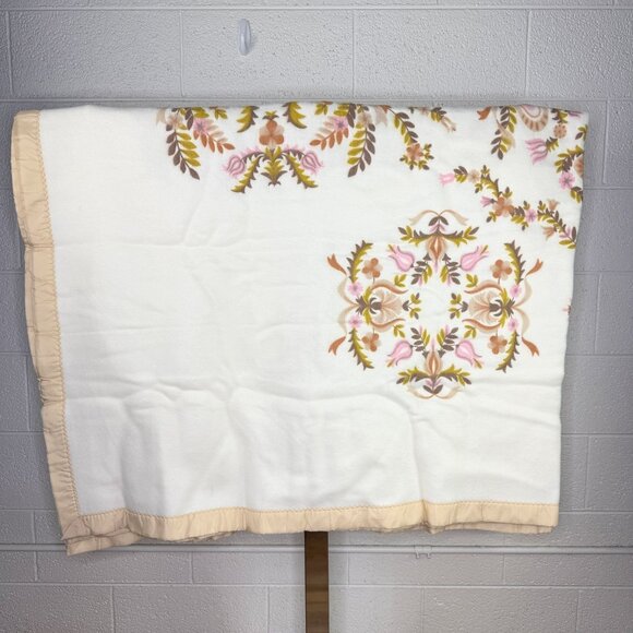 Vintage Satin Edge Blanket Brown & Pink Floral Print On White 70x90 - Picture 4 of 9